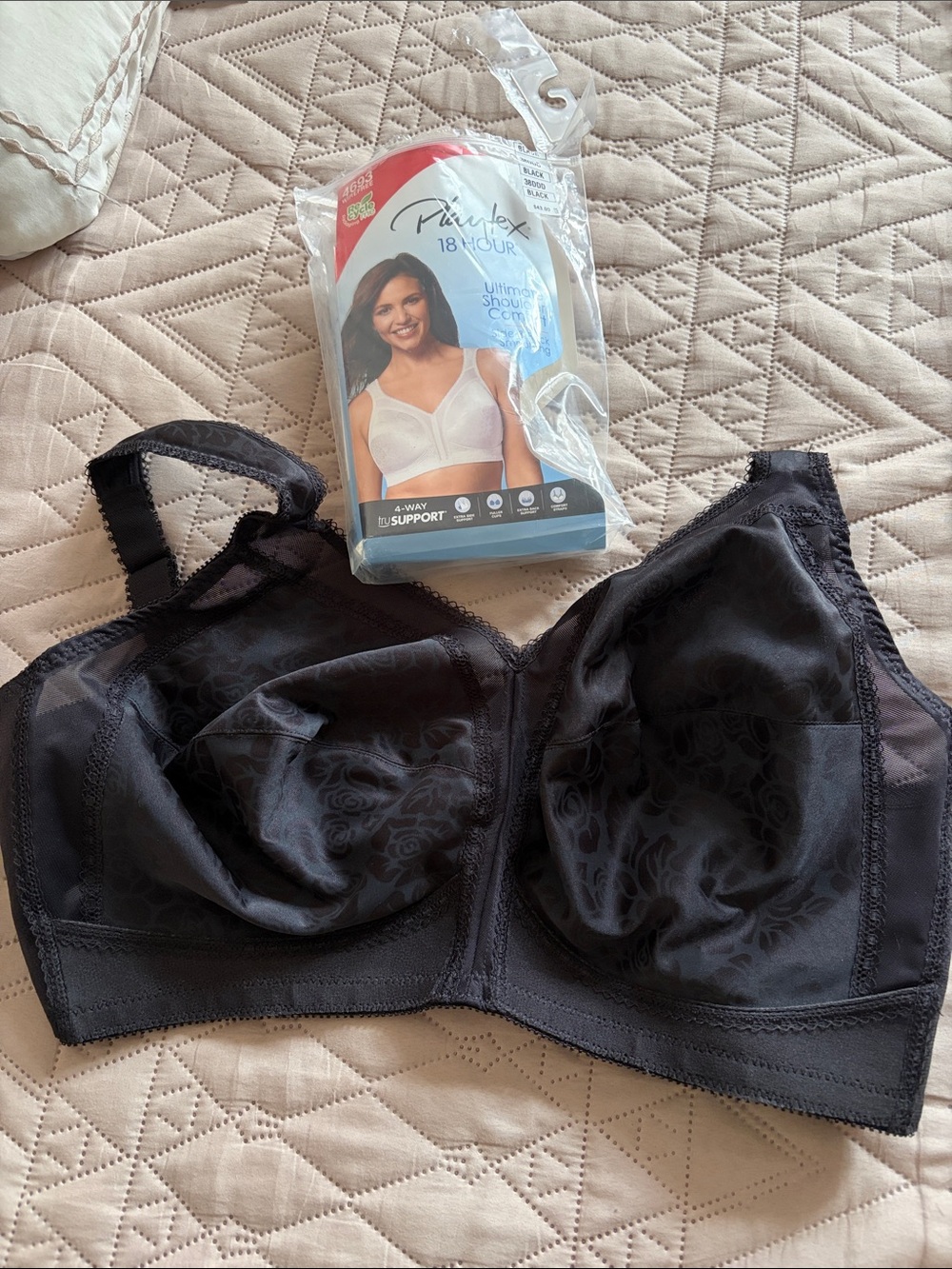 Playtex Black Full Coverage Support Bra with Subtle Floral Jacquard